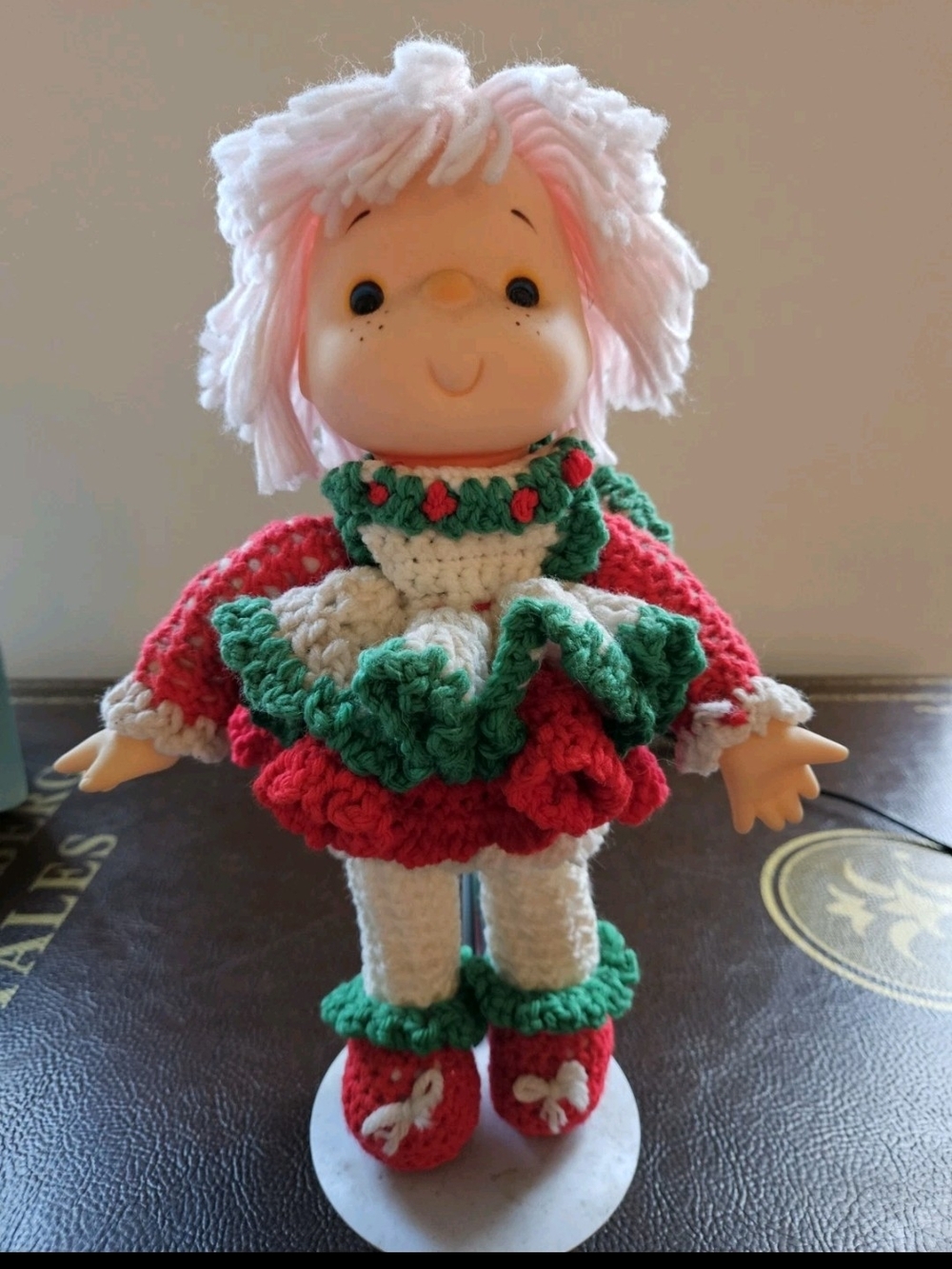 Vintage Handmade Christmas Doll – Crocheted Holiday Dress – Pink Yarn Hair